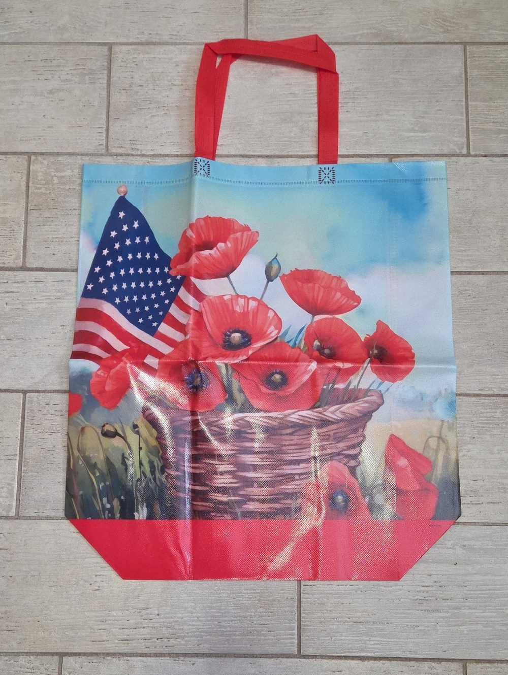 Patriotic Large Tote Bag featuring Red Poppies and an American Flag